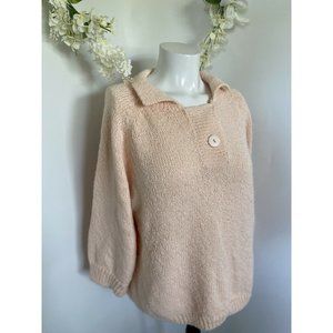 Vintage 90s Shenanigans Hand‎ Knit Peach Sweater Womens Large 3/4 Sleeves Button